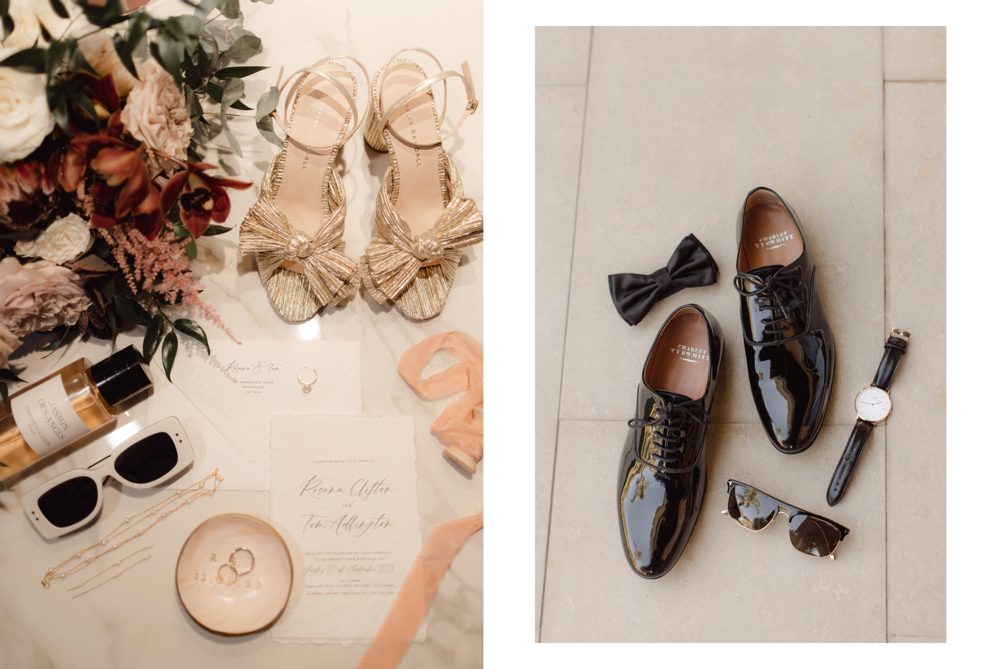 Wedding accessories laid on white marble table bride and groom separate
