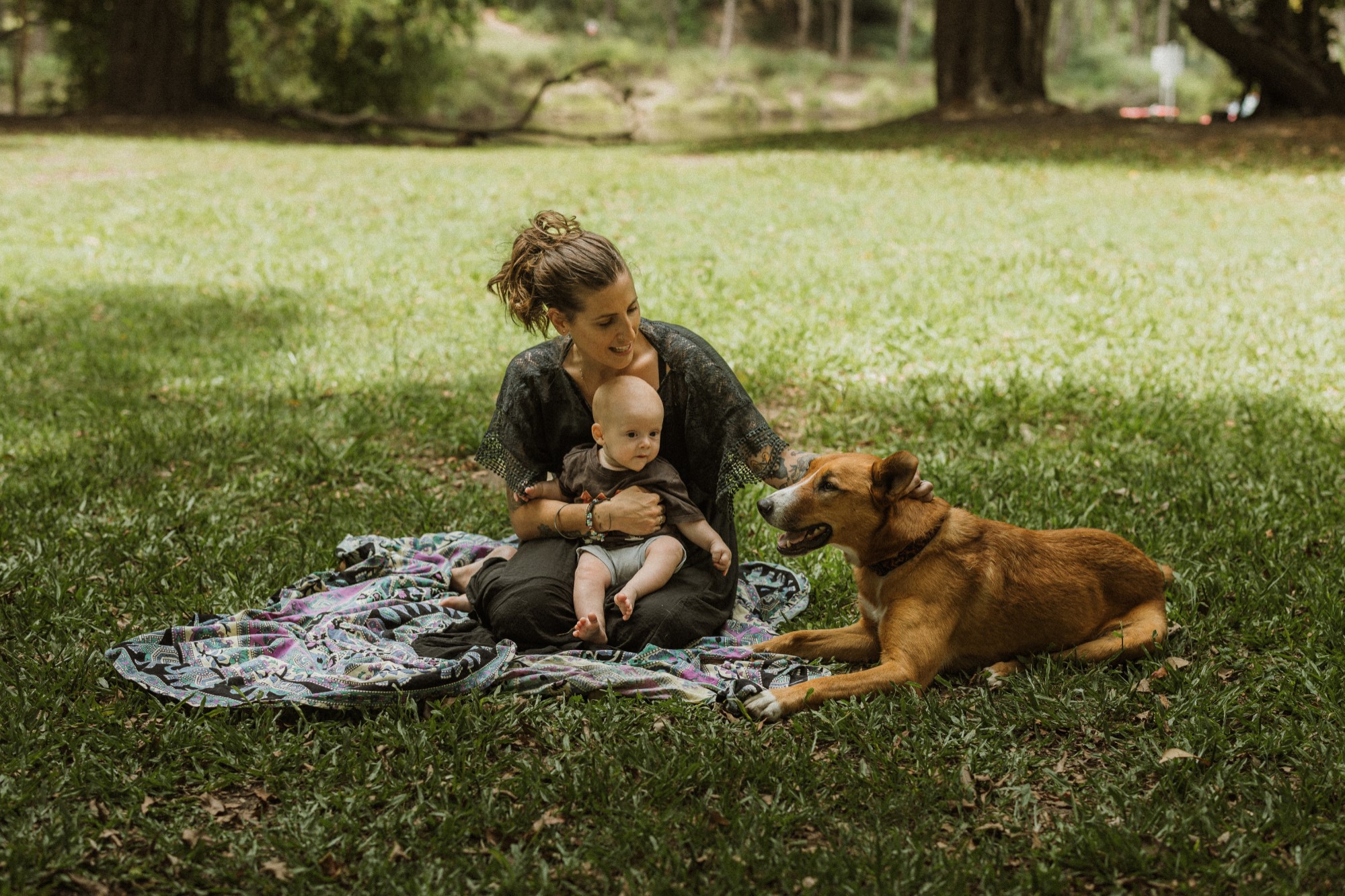 Mother holds baby while sitting on picnic blanket in park with brown dog next to them