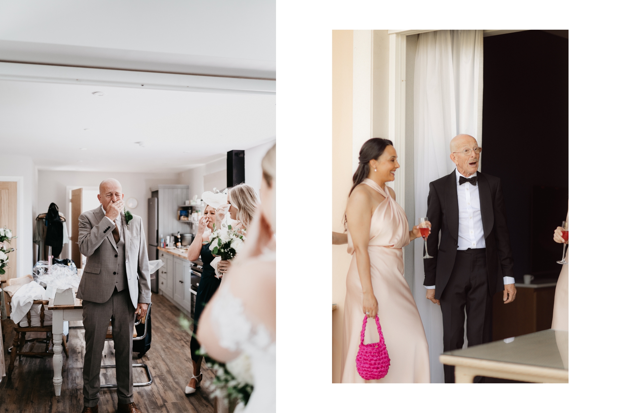 Emotional father of bride first look at her in wedding dress