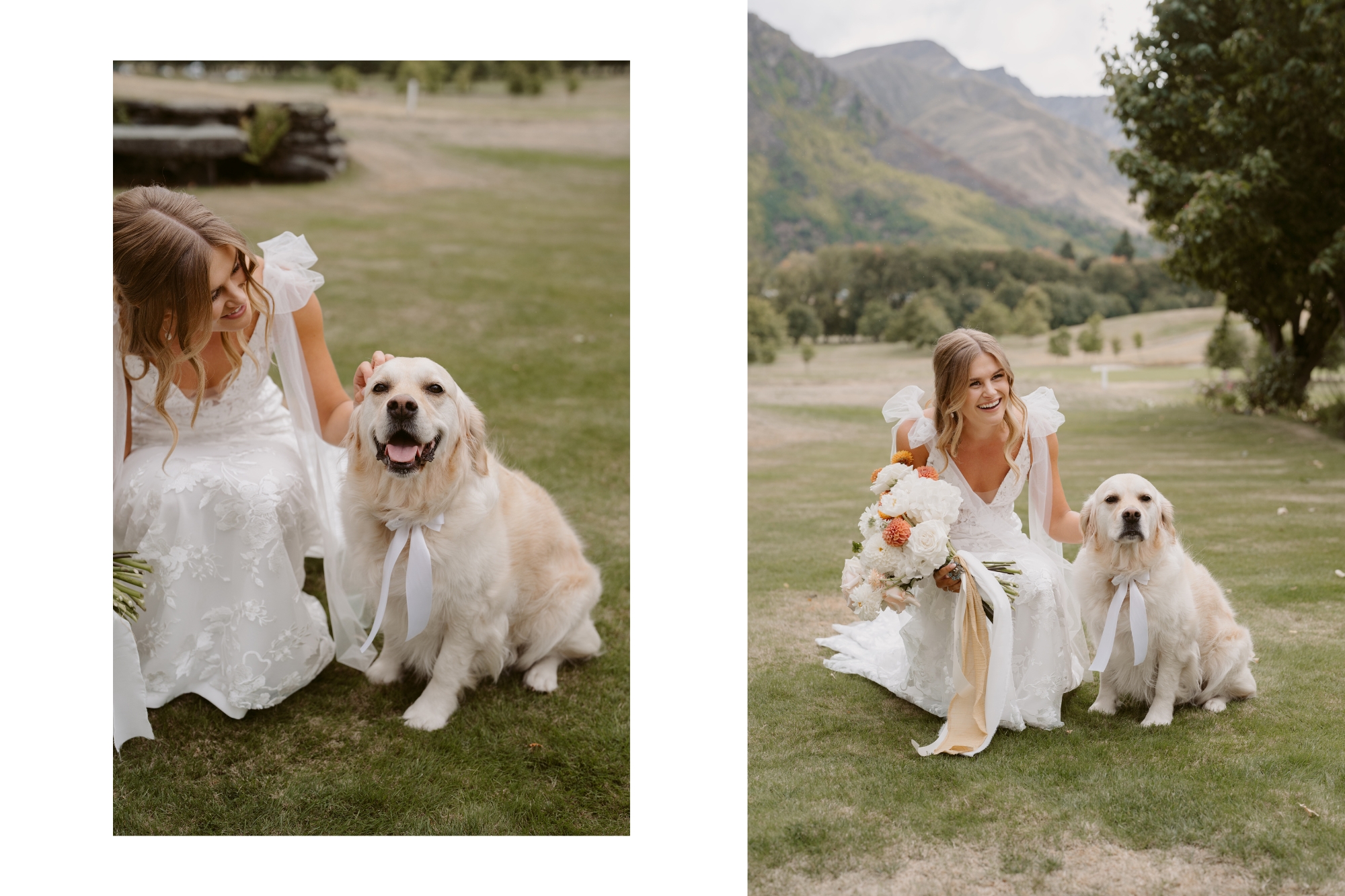 Bride in white wedding dress squats on grass smiling at Labrador dog in white bow around neck