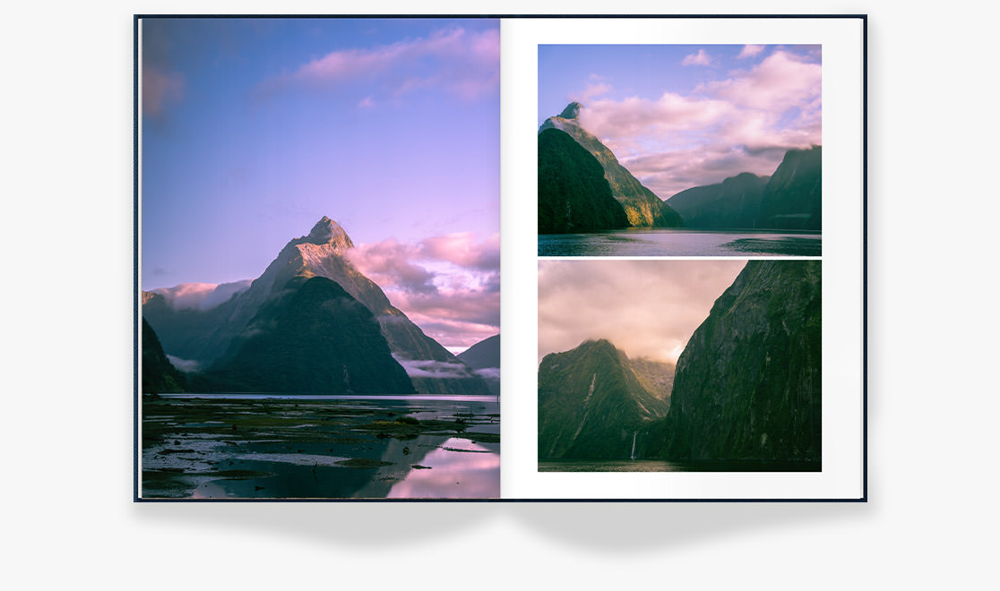 Navy Blue Buckram Portrait Photo Book of mountains in Queenstown New Zealand with gradient purple and pink sky