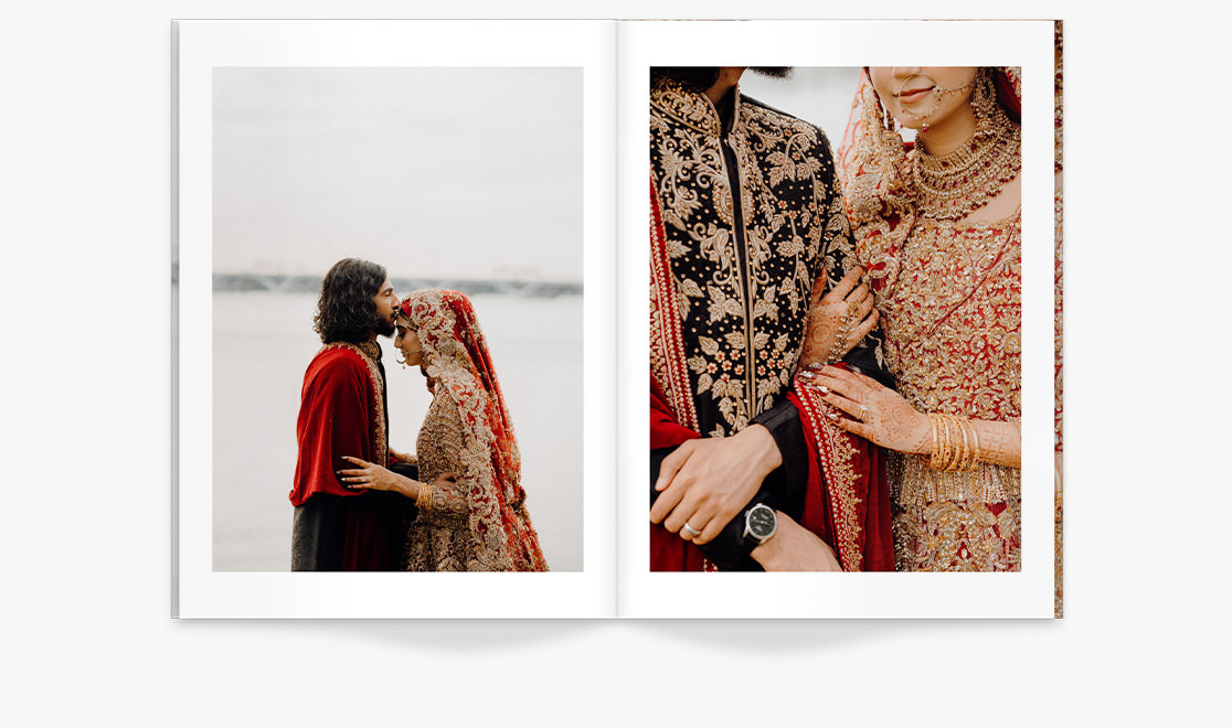 Wedding Magazine of Indian newlywed couple in front of lake