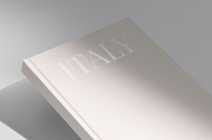 Ivory linen book with large designer cover text