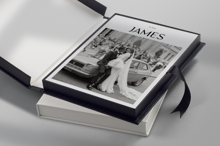Wedding Magazine in Black Buckram MILK Presentation Box on top of Metallic Pearl Presentation Box