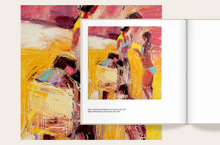 Colorful yellow and pink art print in a photo book