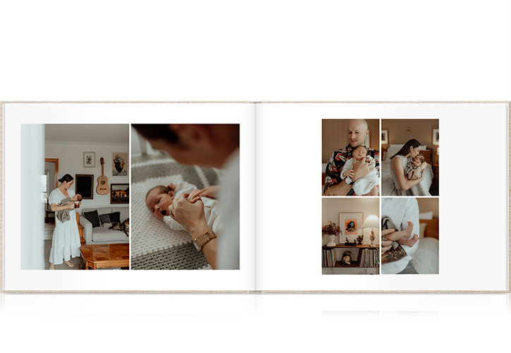 Landscape photo album of parents taking care of baby in home with warm colors