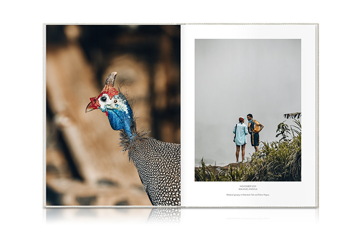 Open spread of a couple travel adventures through the years