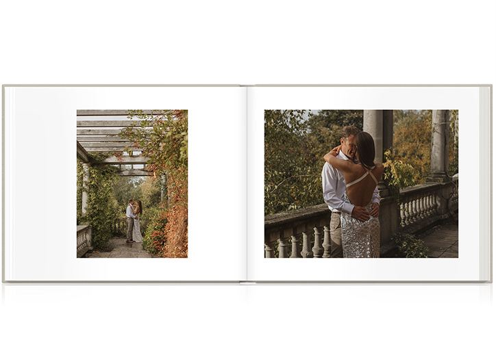 Open spread of a couple celebrating their 10th anniversary