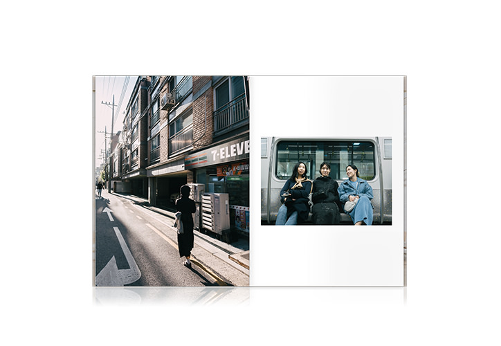 Open portrait photo book of three friends in Korea seated on train