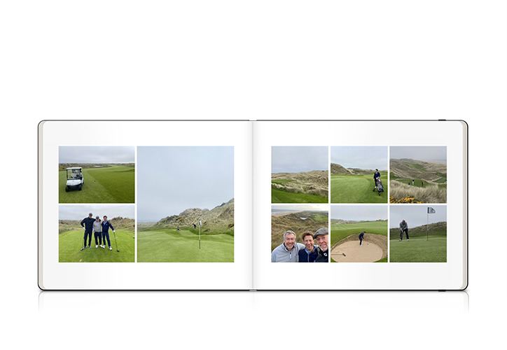 Landscape Moleskine photo book of 3 male friends playing golf on green course