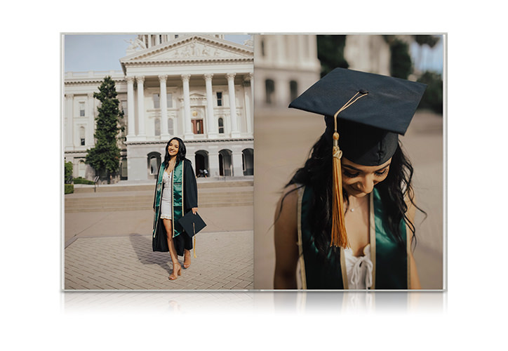 Female graduate with tassle hat opening champagne in front of university sign