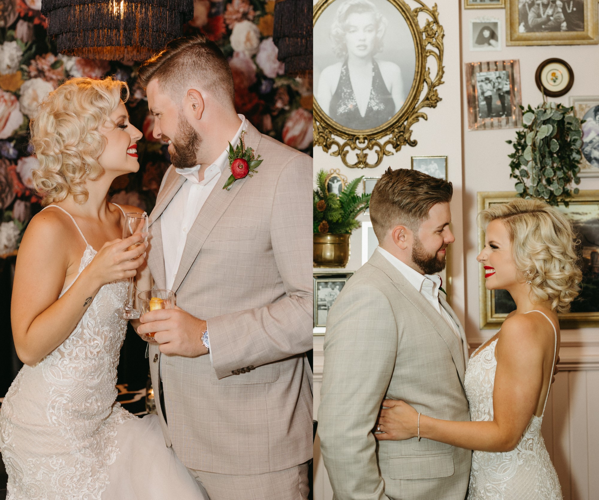 Wedding couple in front of photo frames