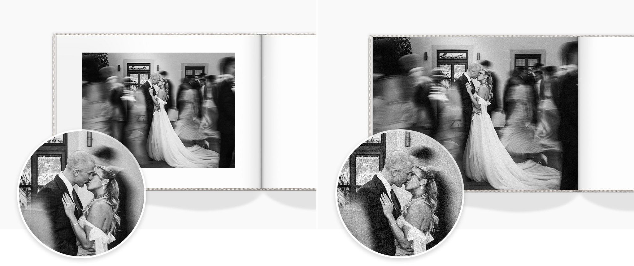 Two photo books open to show the graininess of a large black and white image