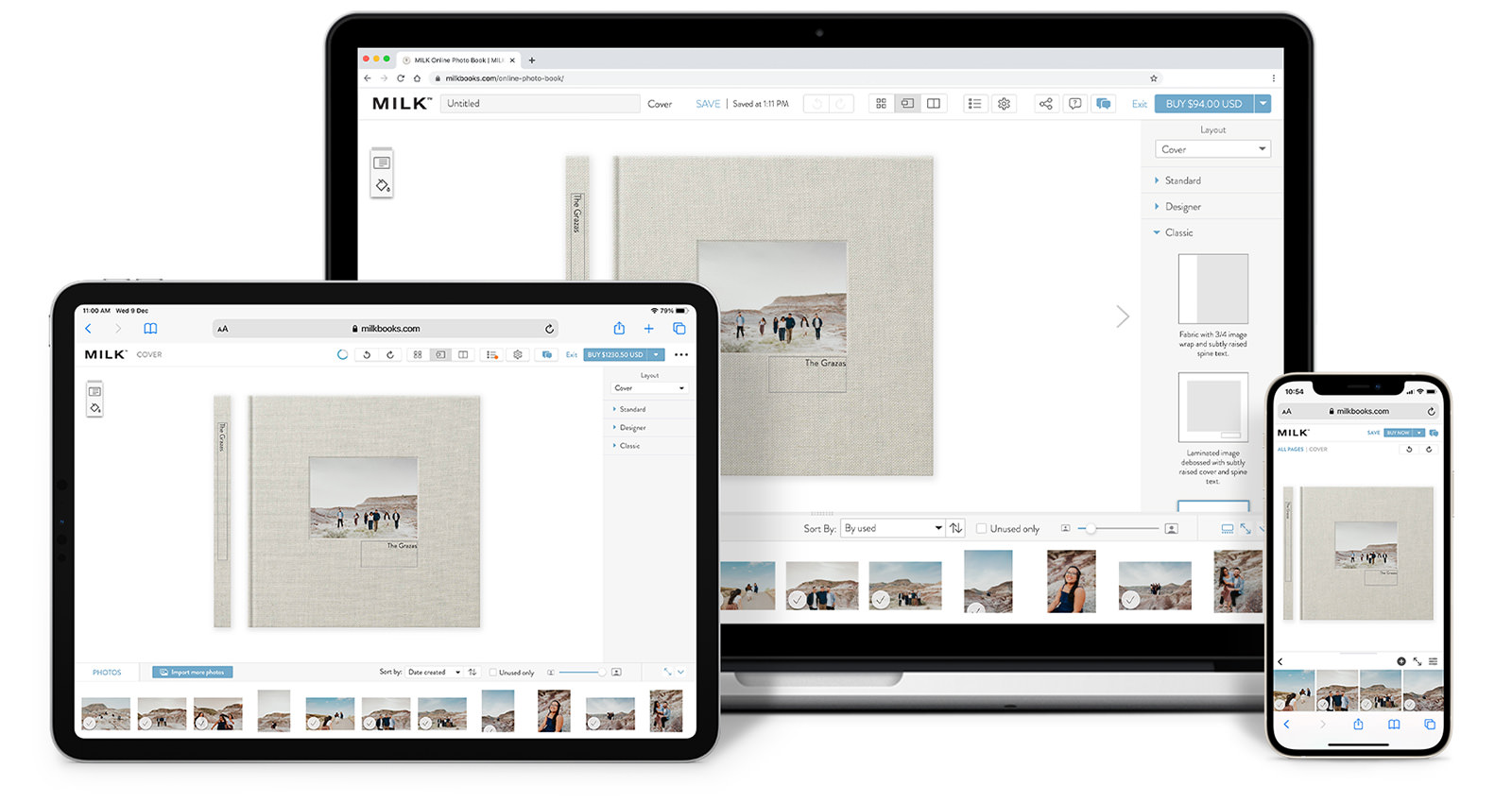 Photo book being created in the design studio on tablet, laptop and mobile.