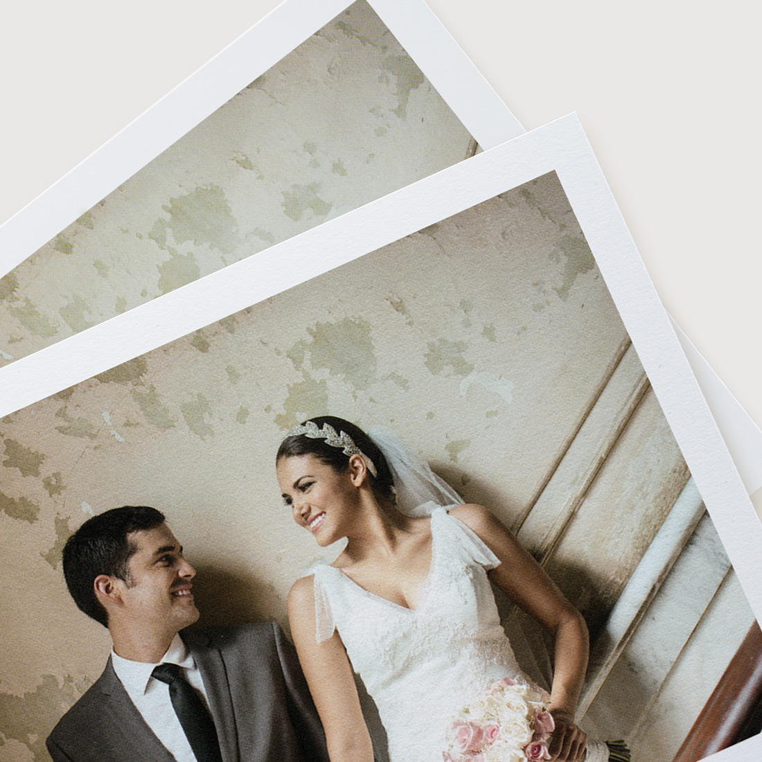 Premium Photo Album page paper samples showing photo of newlyweds smiling at each other