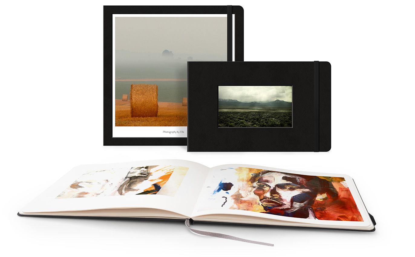 Three Moleskine Photo Books with landscape and art imagery.