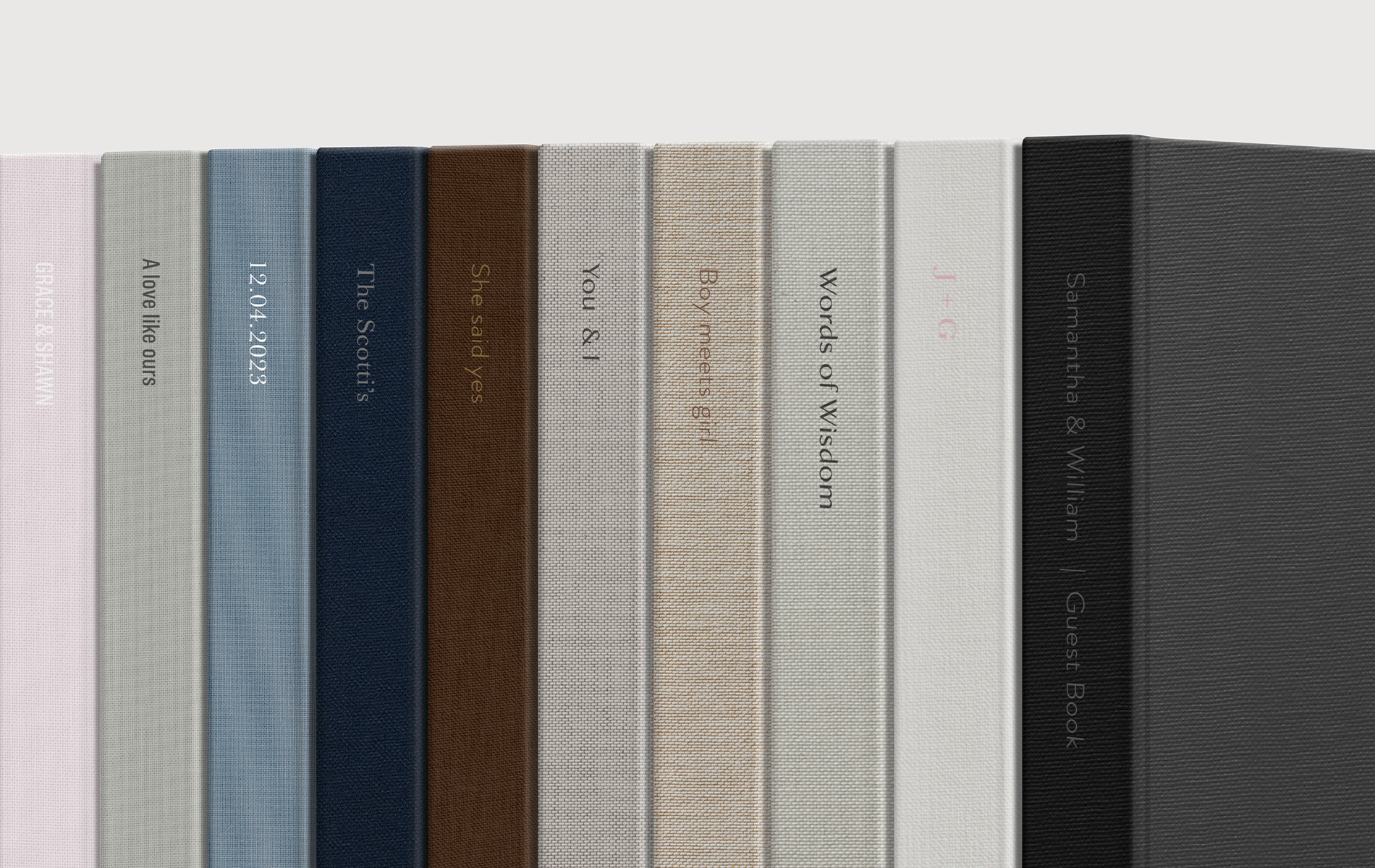 Guest Book cover fabrics lined up together in 10 different shades