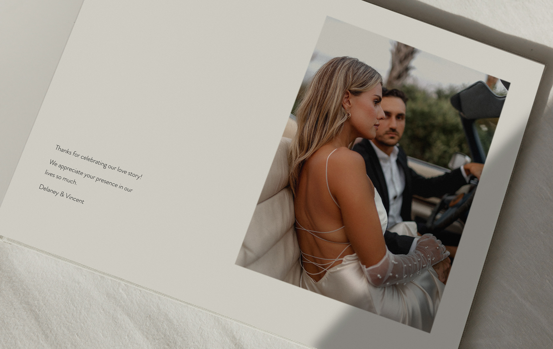 Wedding Guest Book on bedsheet with printed message of thanks inside page spread