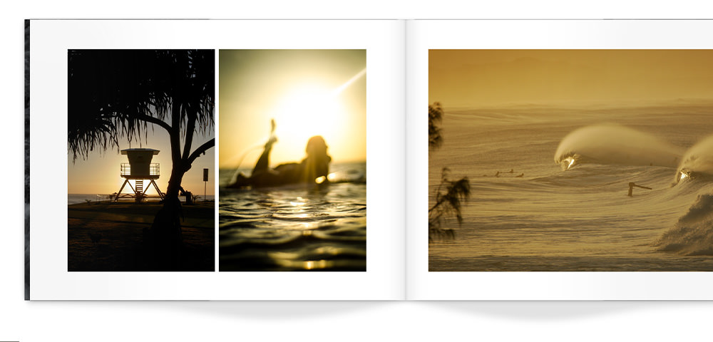 Landscape Softcover Photo Book with photos of a beach in sunset lighting.