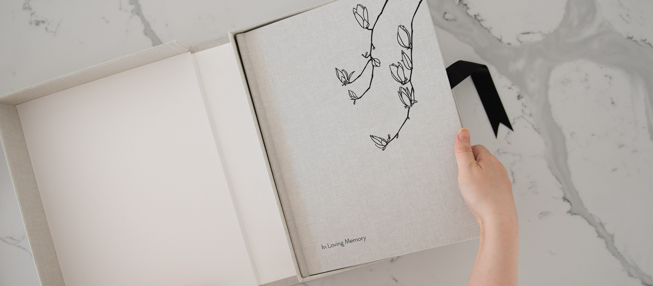 Bereavement photo album in a presentation box with text In Loving Memory on cover