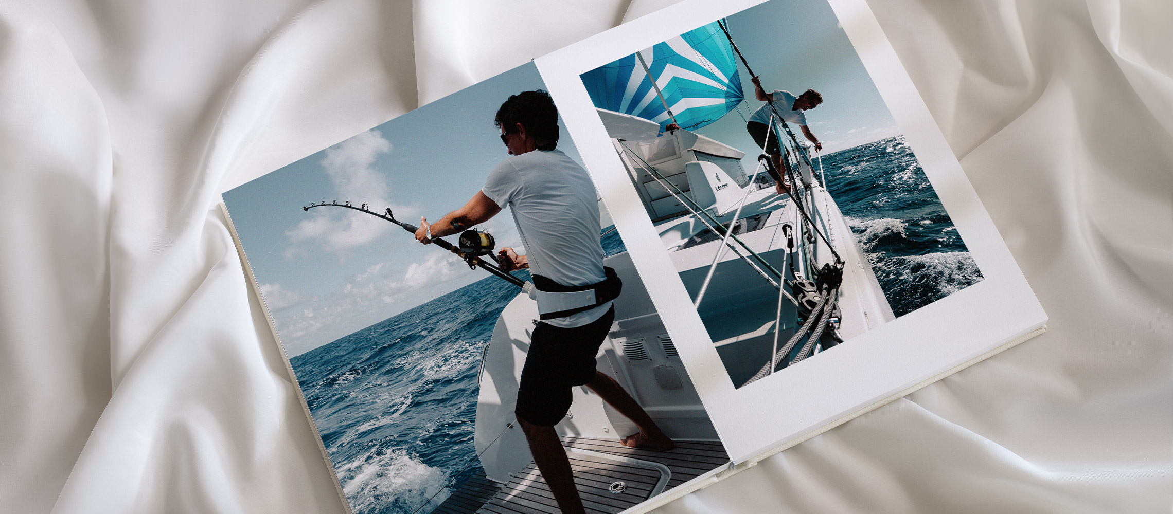 Man fishing on a boat in ocean under sunny blue sky