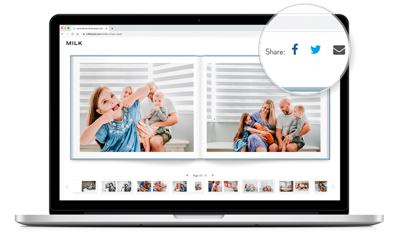 Laptop of MILK online photo flipbook with social media sharing function highlighted