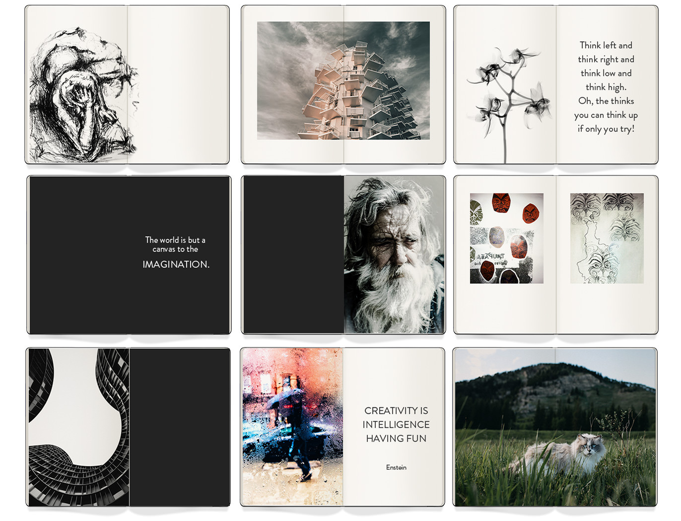 9 open Moleskine Notebooks showing variety of artistic images