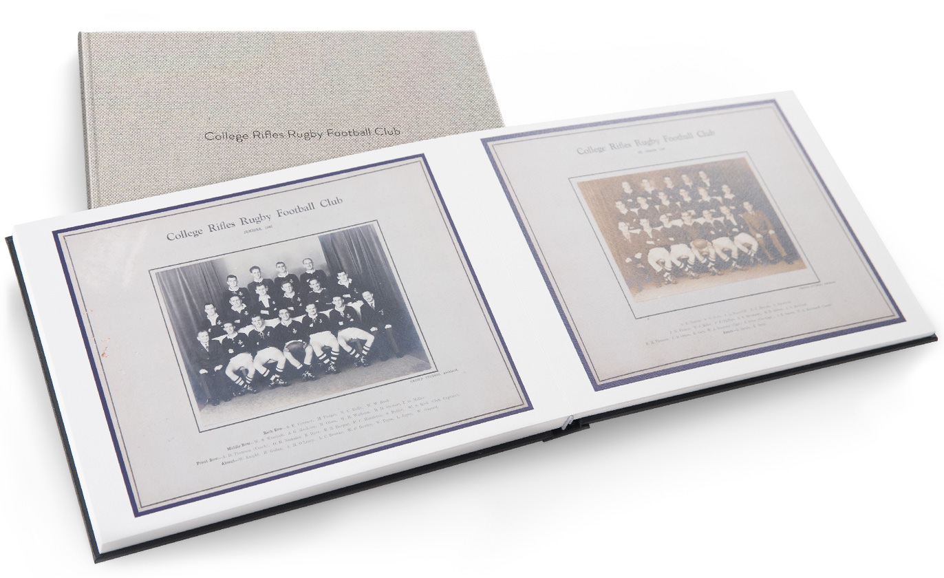 Open landscape photo album displaying old sport teams photos