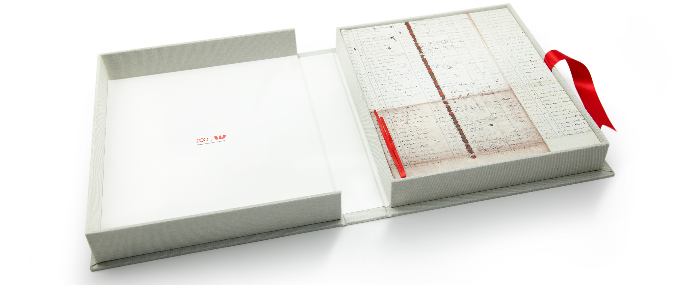 Open MILK presentation box with Westpac logo and red ribbon.