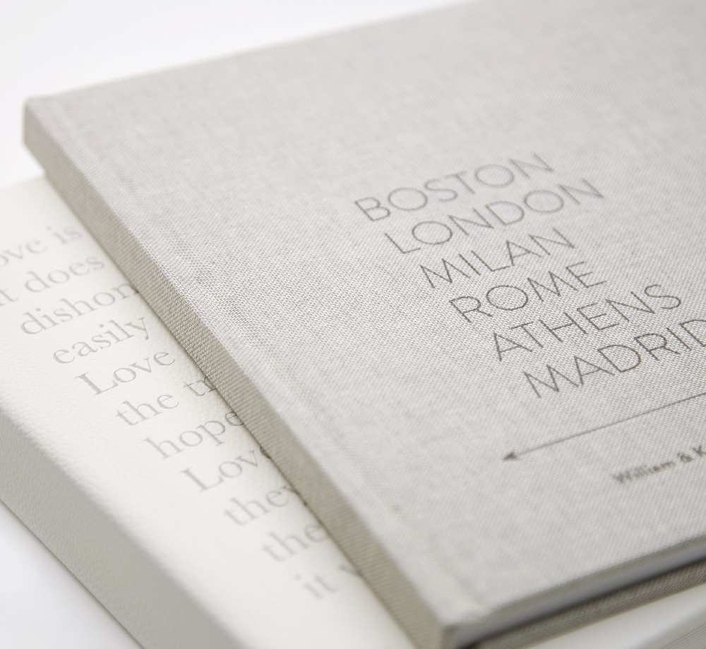 Two premium photo books showing designer covers
