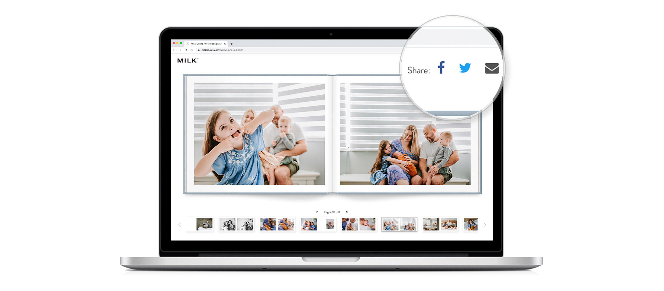 Laptop aberto com estúdio de design e close-up da função para compartilhar o flipbook via redes sociais.