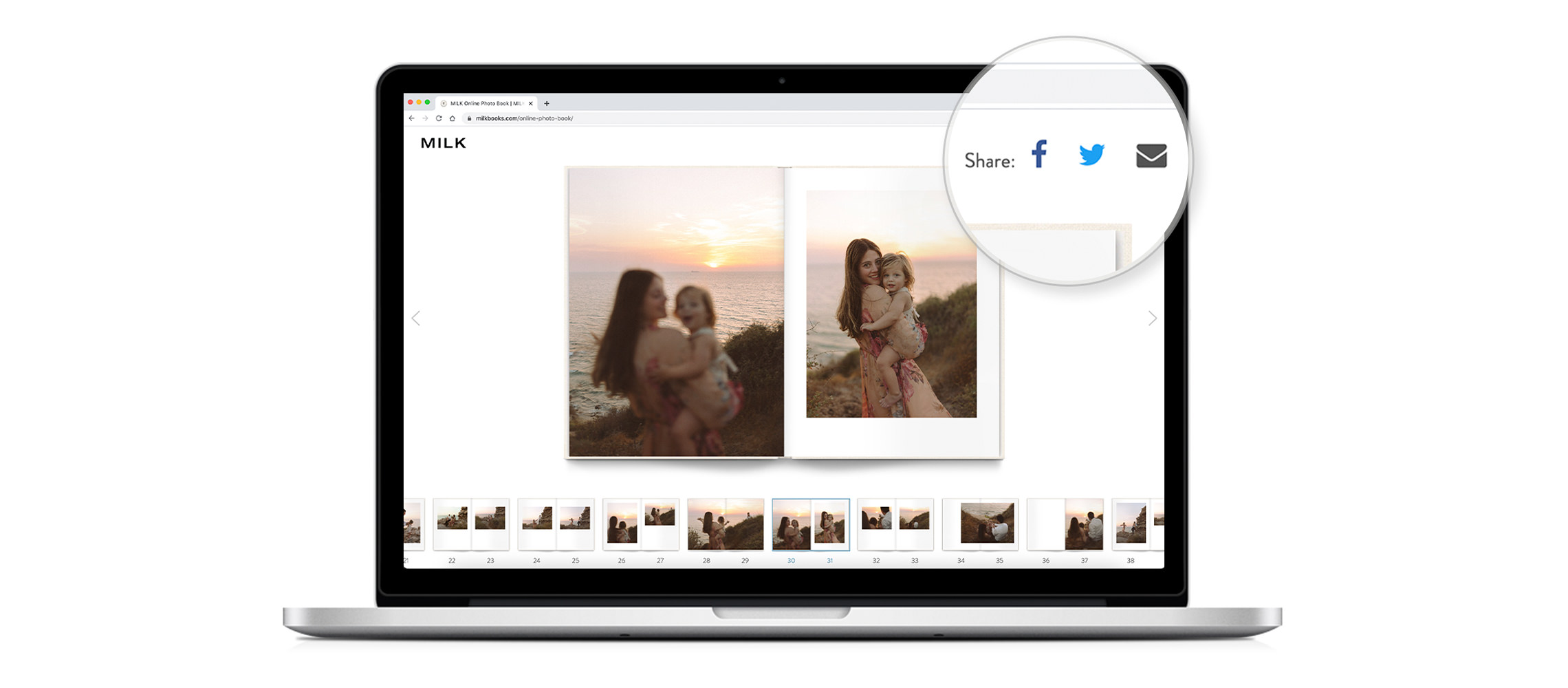 Open MacBook laptop with MILK Design Studio editing a family photo book online