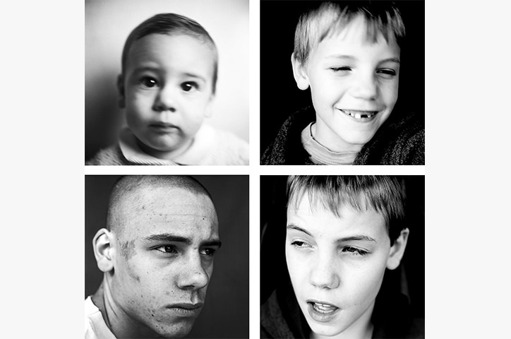Grid of four monochrome photos of a boy as he ages into adulthood