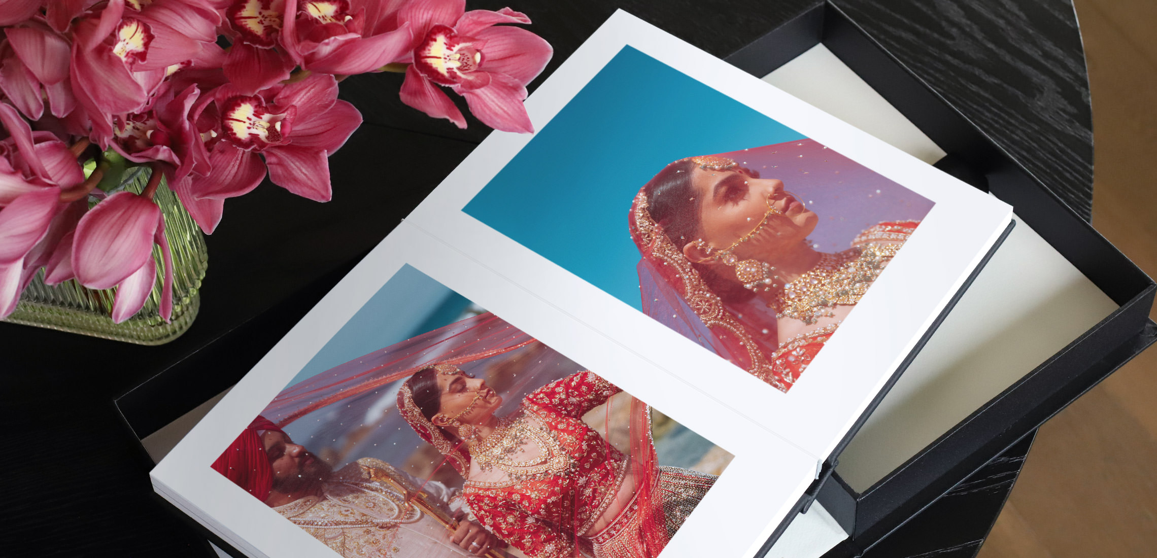 Open spread Portrait Photo Album spread of a wedding