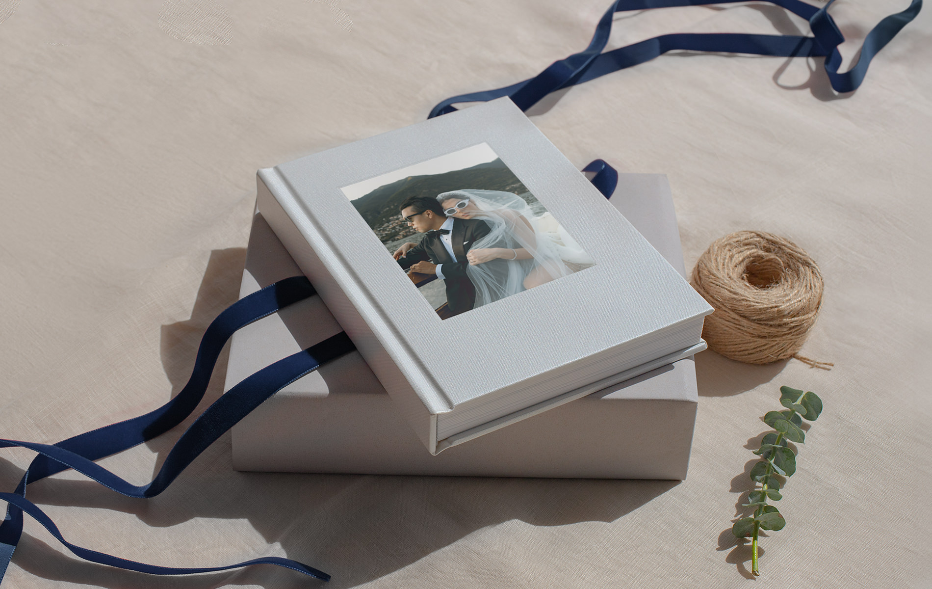 Linen Photo Book stacked on matching linen Presentation Box