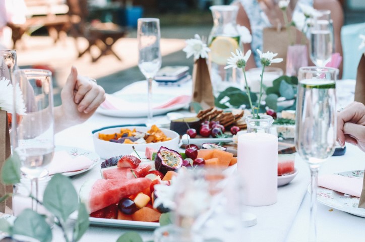 Table with platters and champagne flutes
