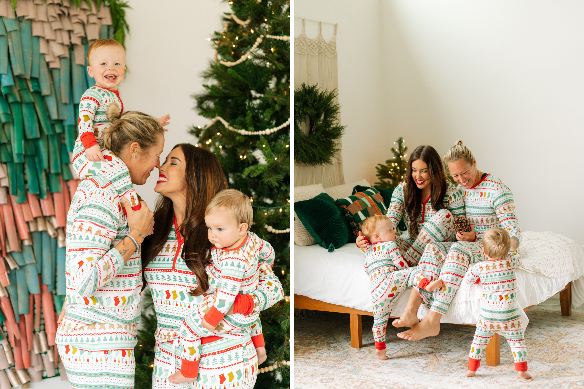 LGBTQ female couple together as family of four in Christmas clothing by Christmas tree