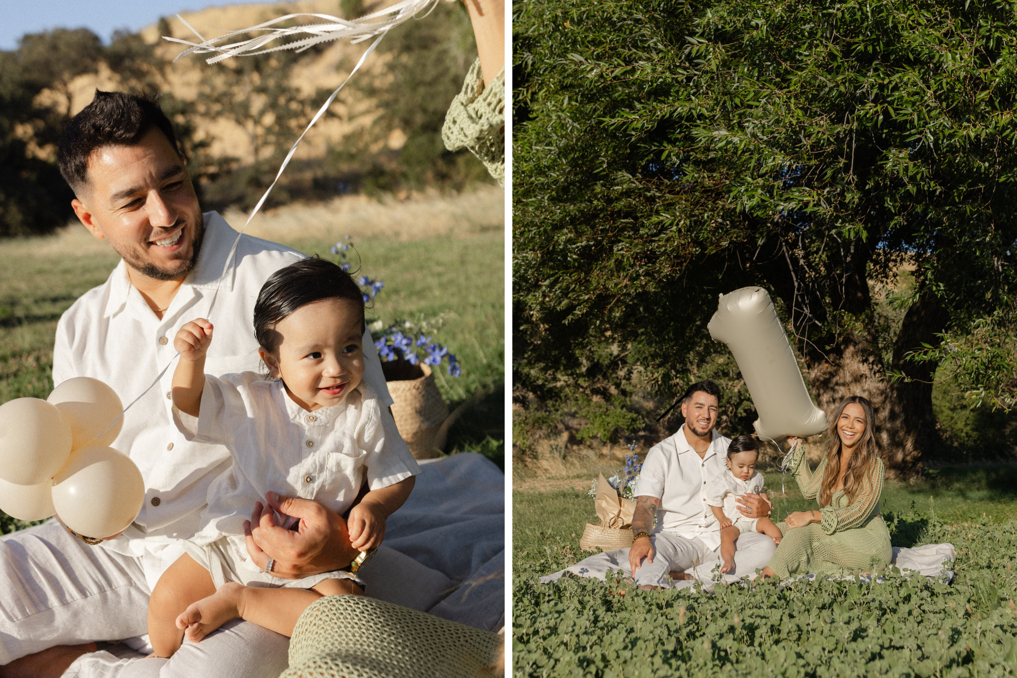 Parents with baby celebrate their son's 1 year birthday with picnic in park during sunny day. White and green themed