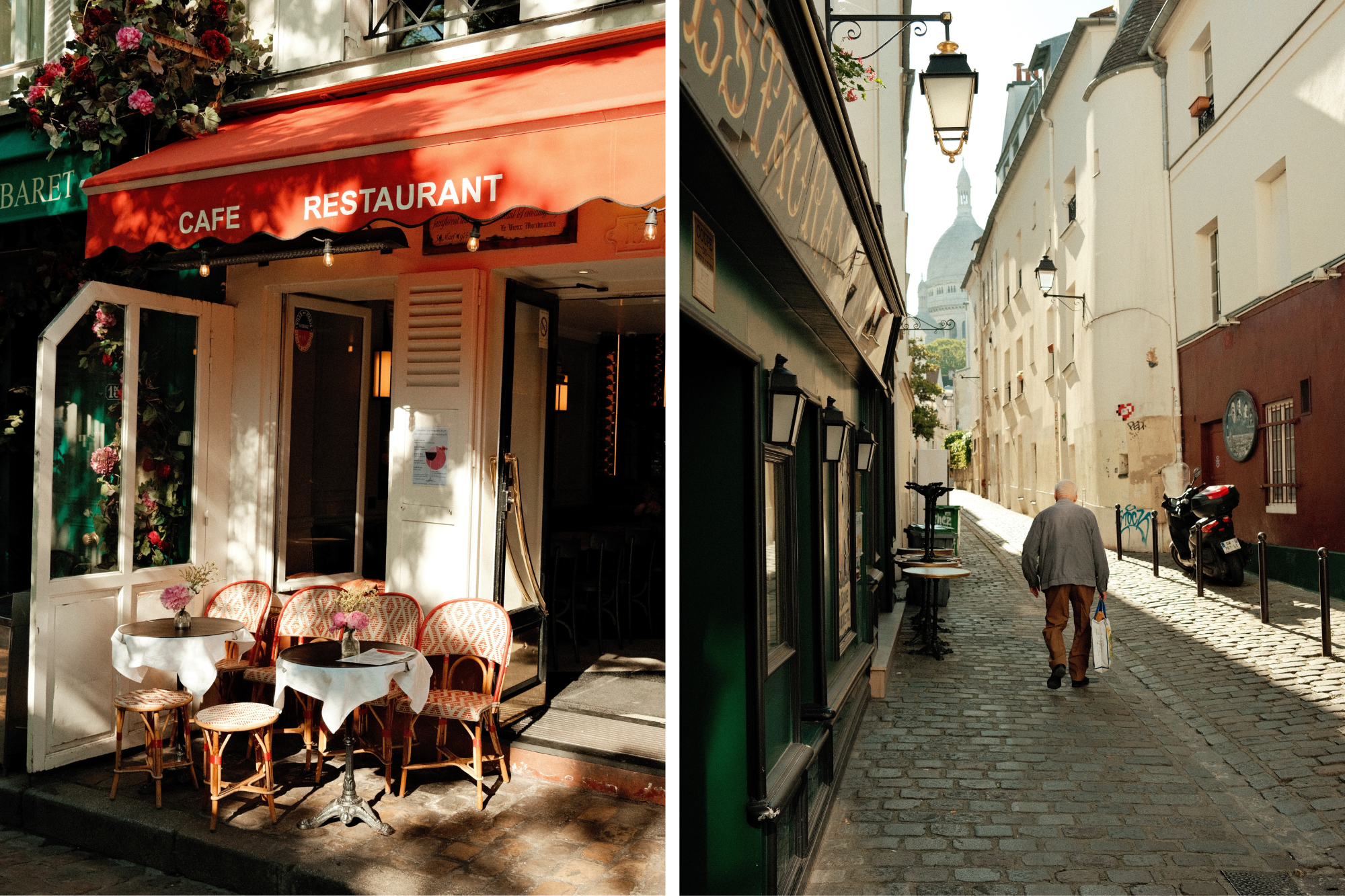 Pictures of Parisian Cafe in France with old man walking down cobblestone street