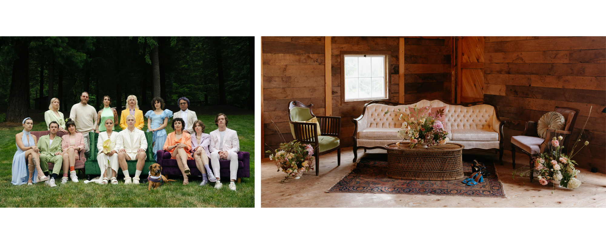 Bridal party wear different pastel colored outfits and sit expressionless for a photo