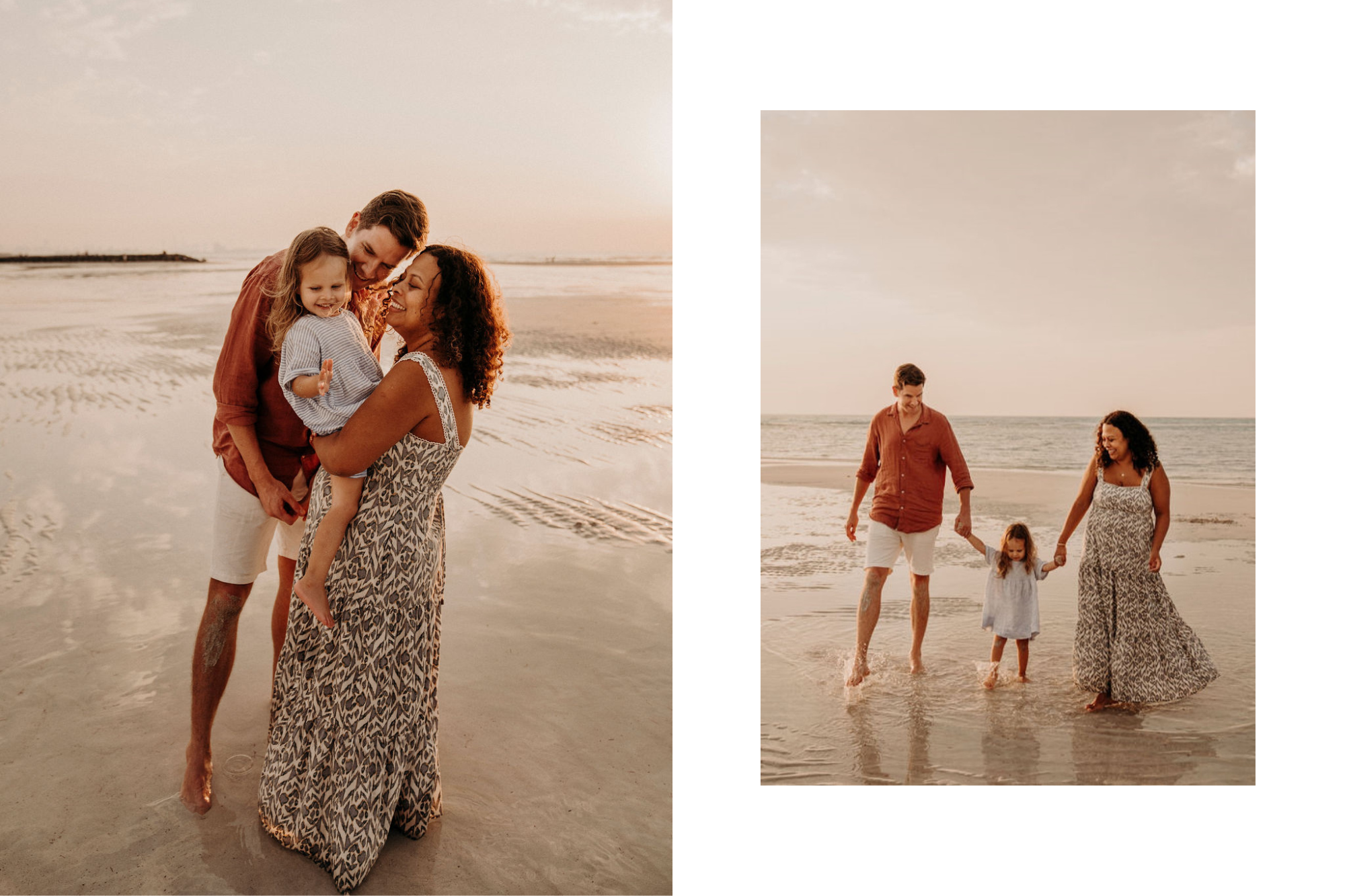 Family of three wades through ocean water on shoreline of beach while holding hands
