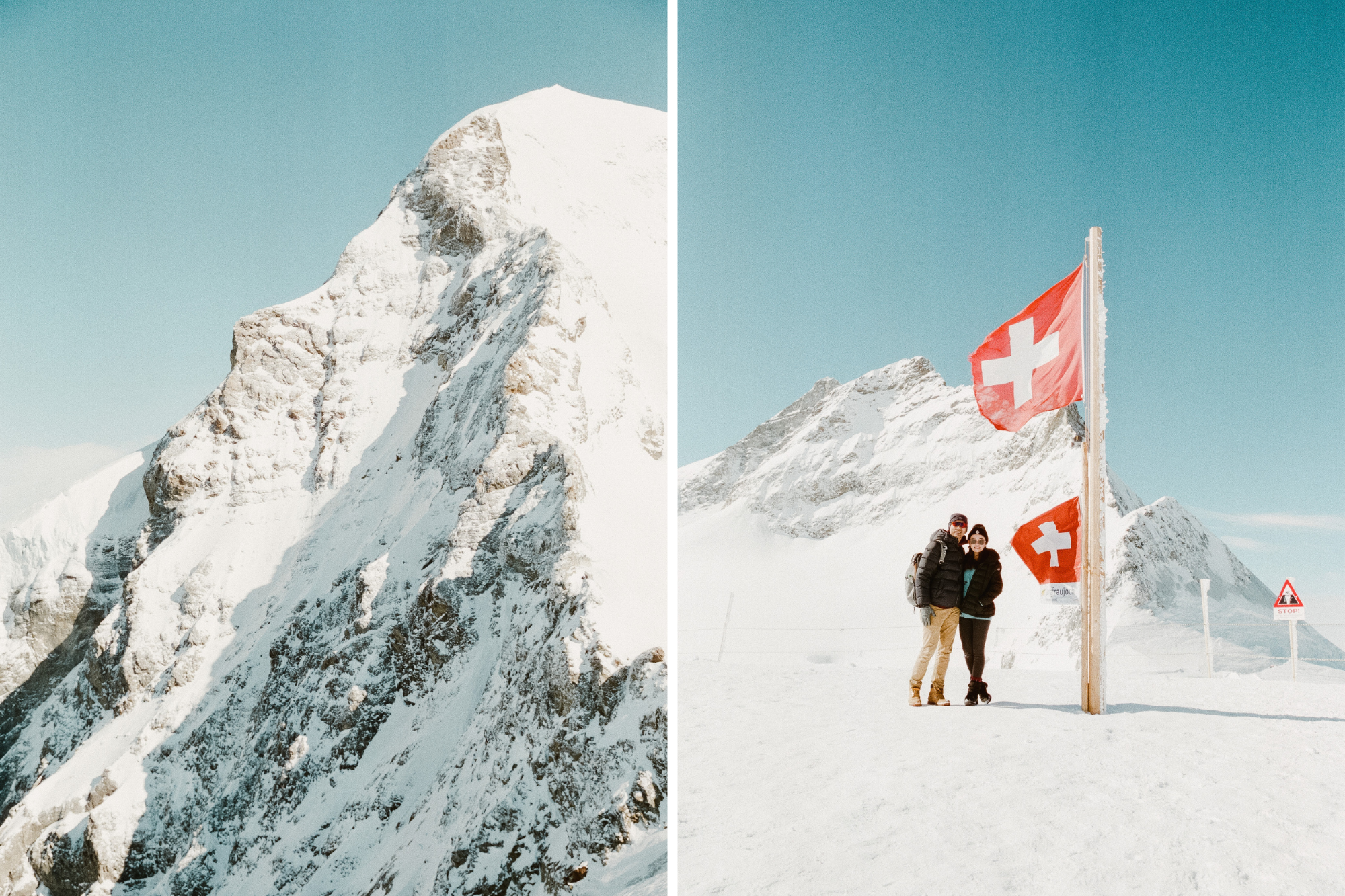 Mountains under clear blue sky in Switzerland with couple standing under red Swiss flag