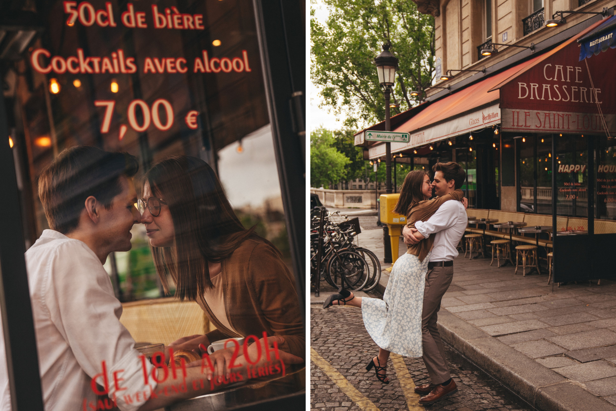 Couple in front of cafe nearly kiss while standing on street
