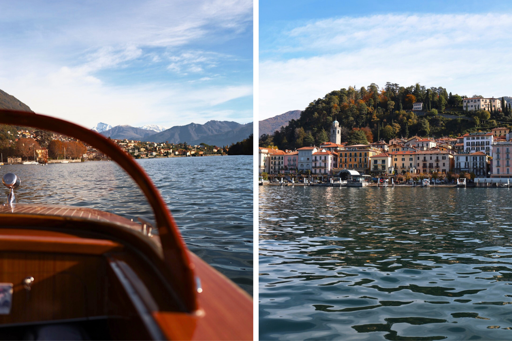 View from rust red luxury speedboat on Lake Como Italy heading towards township at shore