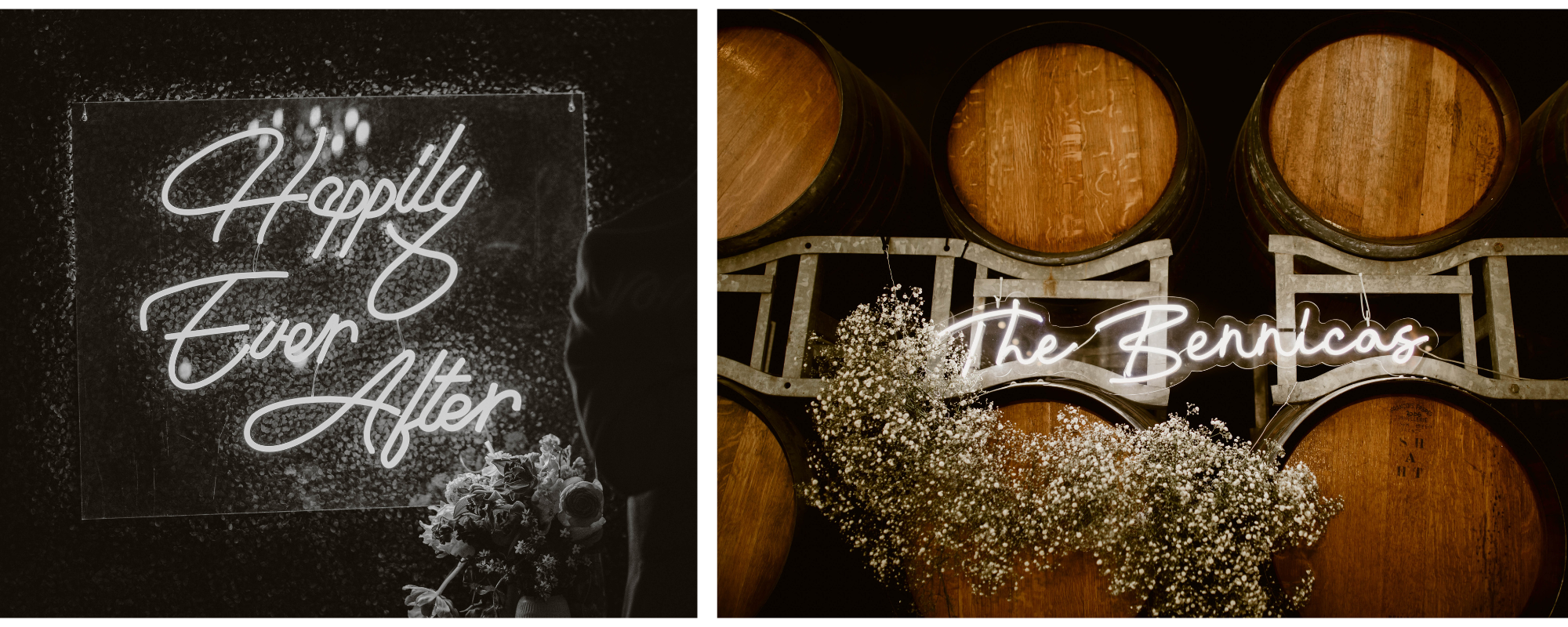 Neon white worded sign on dark wall reads Happily Ever After