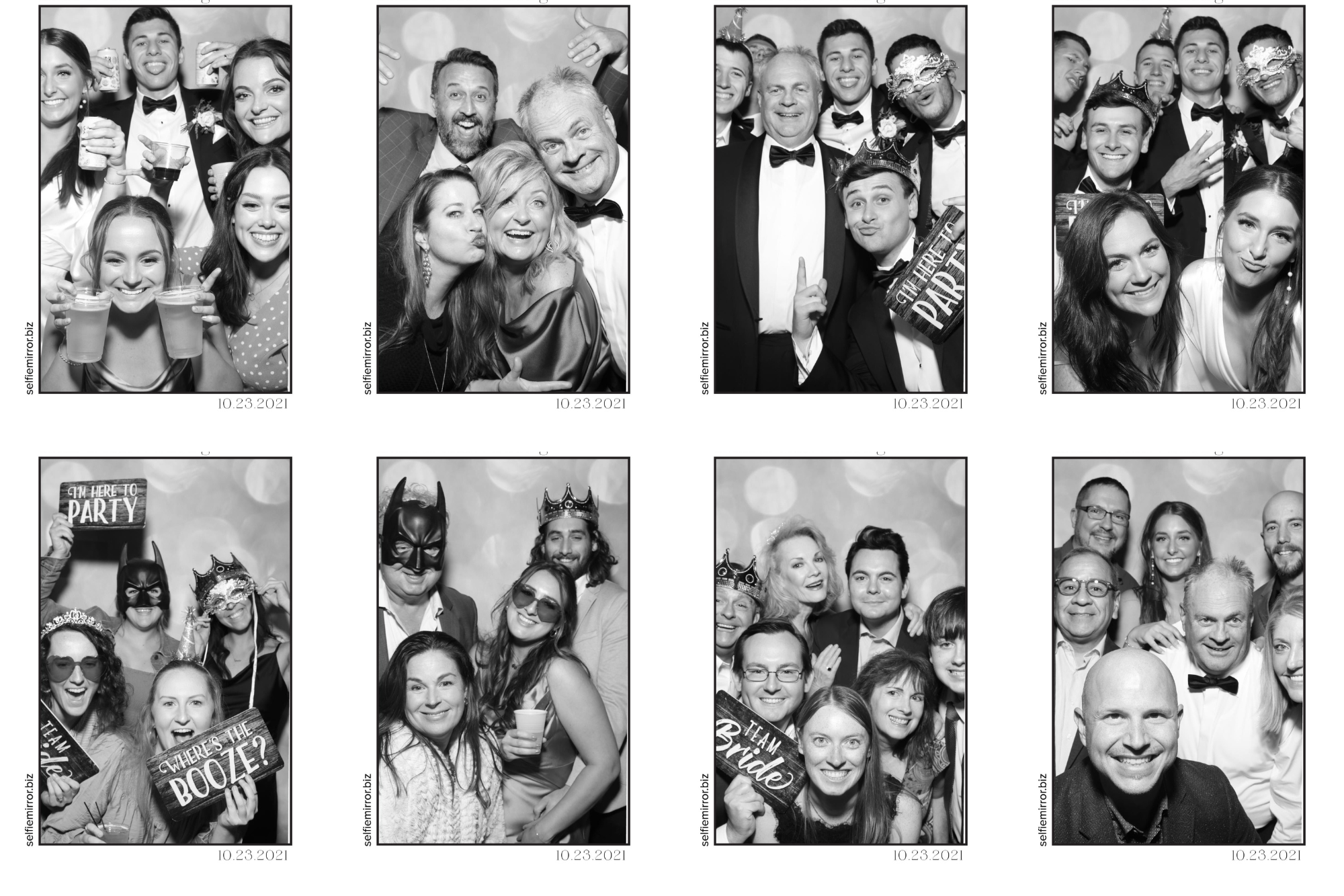 Black and white polaroid pictures together with bridal party in photo booth with funny props