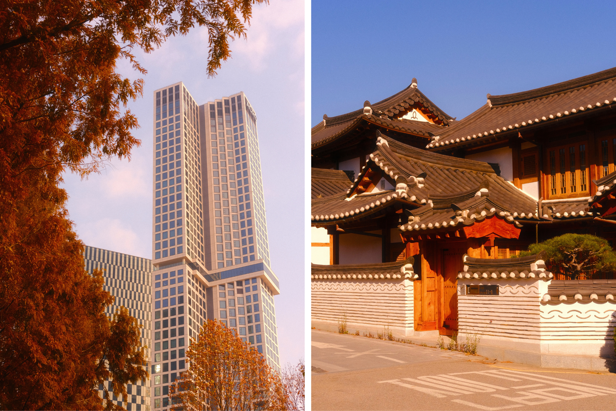 Photos of skyscraper under autumn leaves on left and South Korean traditional architecture on right