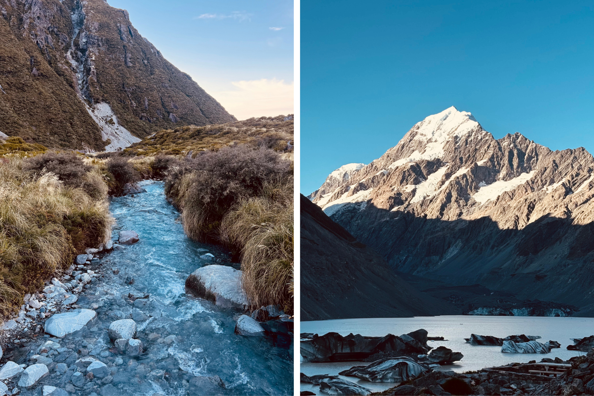 View of rocky mountain stream with Mt Cook in background under clear blue sky in New Zealand