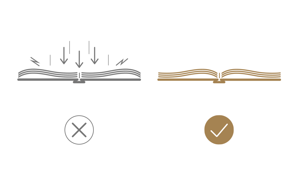 Care guide icons. Let pages fall how they will naturally. Do not force them to lay flat.