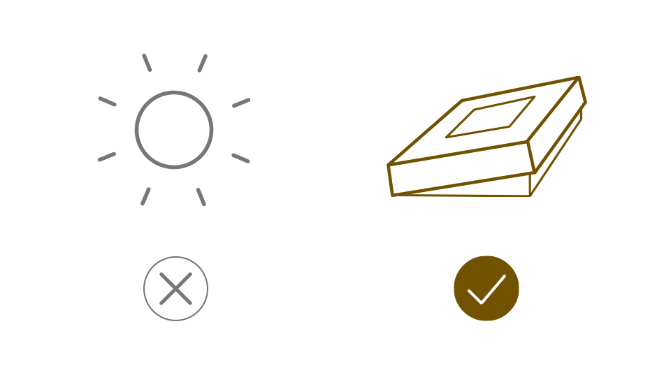 Ícones do guia de cuidados. Guarde os álbuns fotográficos longe da luz solar direta.